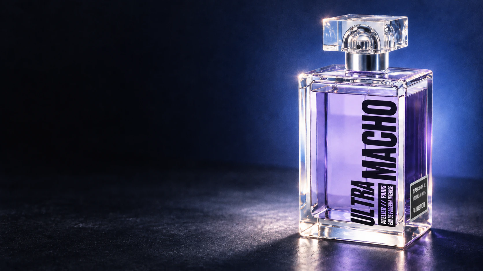 ULTRA MACHO with luminous iris liquid, sharp glass shoulders and a clear square glass cap around a polished silver collar, photographed against deep blue light with a textured film finish.