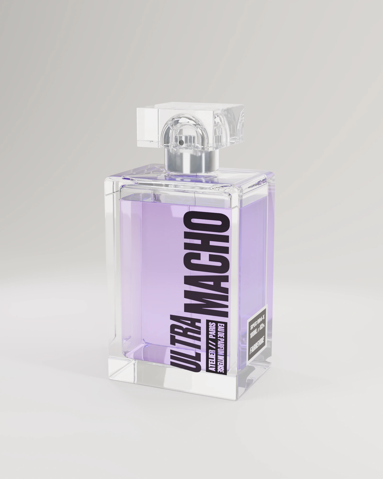 Three-quarter view of ULTRA MACHO with its silver-on-black side label, clear iris liquid and square glass crown.