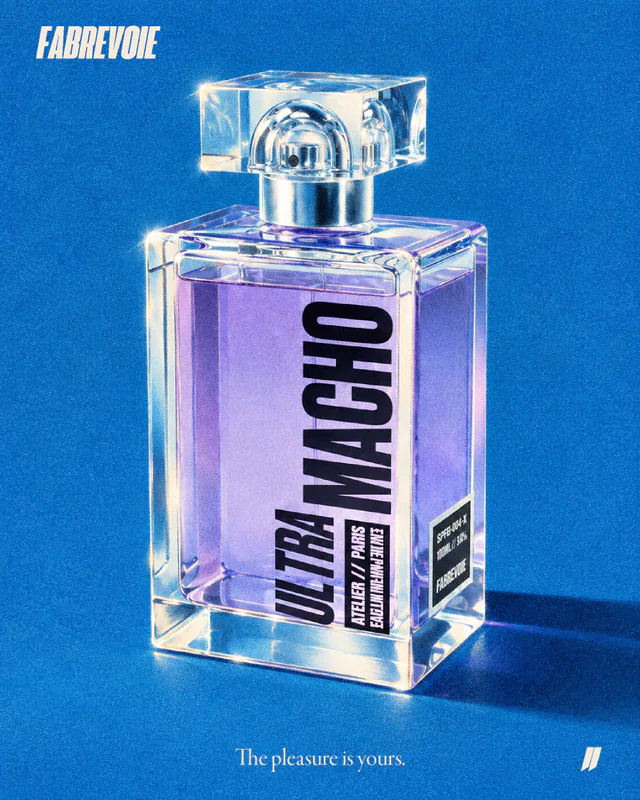 The pleasure is yours. A painted iris ULTRA MACHO bottle against a bright blue background, with fine print grain, a small FABREVOIE wordmark and double-FF corner logo.