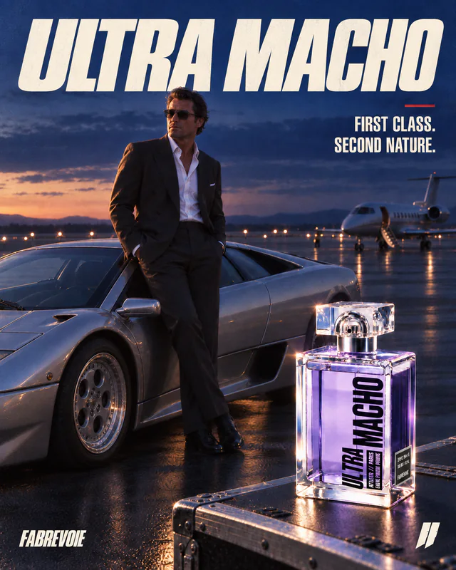 FIRST CLASS. SECOND NATURE. A man in a suit and sunglasses beside a silver sports car and private jet at dusk, with the iris ULTRA MACHO bottle on a flight case in the foreground.